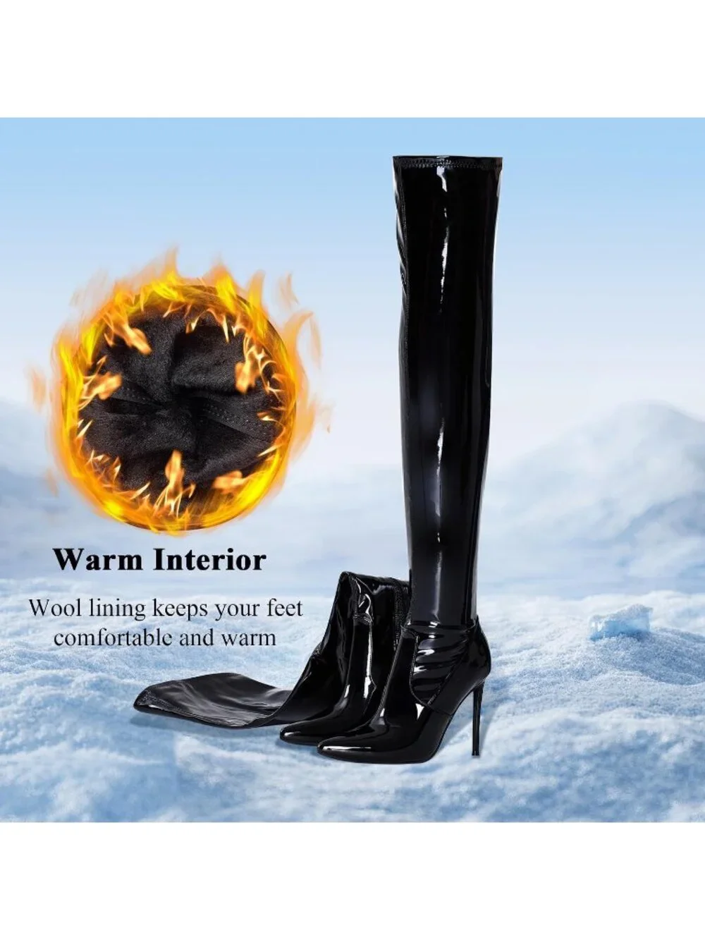Women's Black Patent Pointed Toe Suede Stiletto Heel Stretch Over The Knee Boots